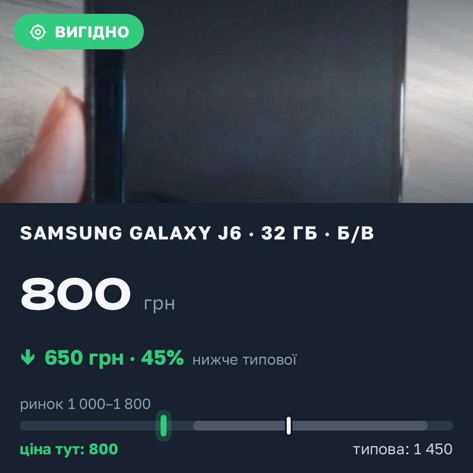 Знахідка Trofey: Galaxy J6 32 ГБ б/у за 800 грн — на 650 грн (−45%) нижче ринку. Берегове, 25.08 15:41.