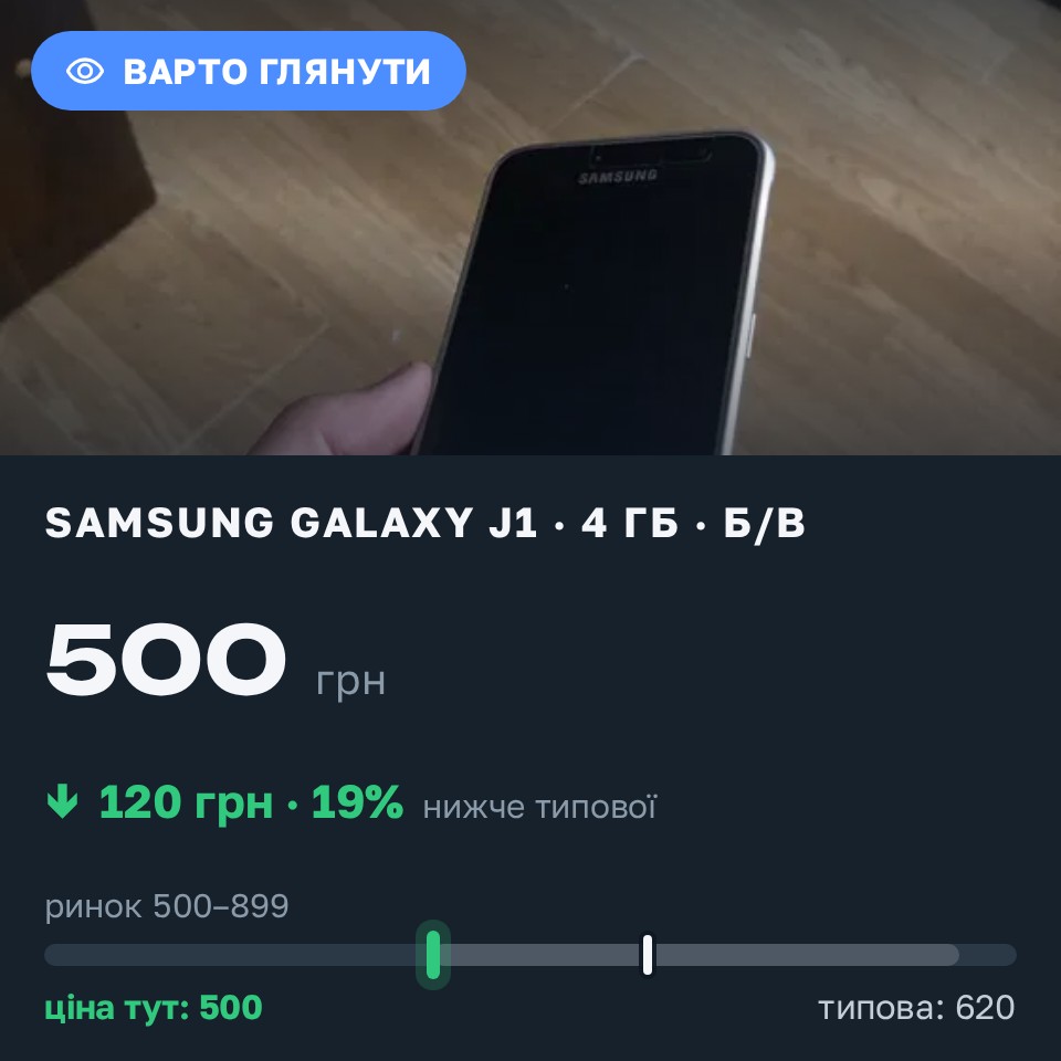 Знахідка Trofey: Galaxy J1 4 ГБ б/у за 500 грн — на 120 грн (−19%) нижче ринку. Стебник, 26.08 17:10.