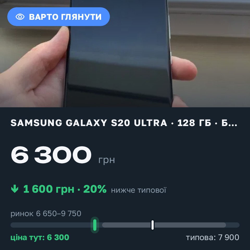 Знахідка Trofey: Galaxy S20 Ultra 128 ГБ б/у за 6 300 грн — на 1 600 грн (−20%) нижче ринку. Долина, 27.08 21:11.