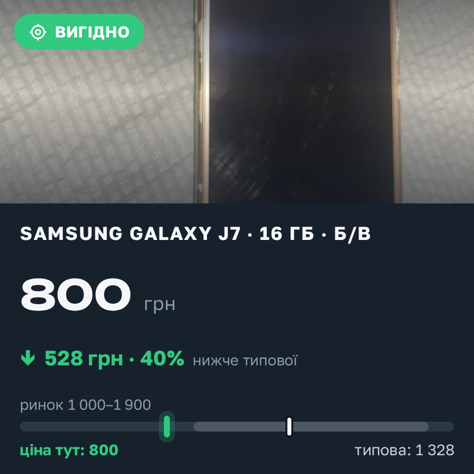 Знахідка Trofey: Galaxy J7 16 ГБ б/у за 800 грн — на 528 грн (−40%) нижче ринку. Вінниця, 29.08 03:48.