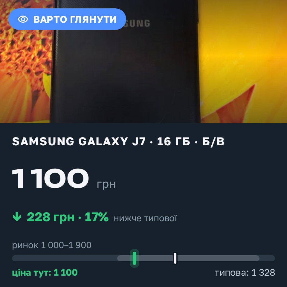 Знахідка Trofey: Galaxy J7 16 ГБ б/у за 1 100 грн — на 228 грн (−17%) нижче ринку. Охтирка, 30.08 09:49.