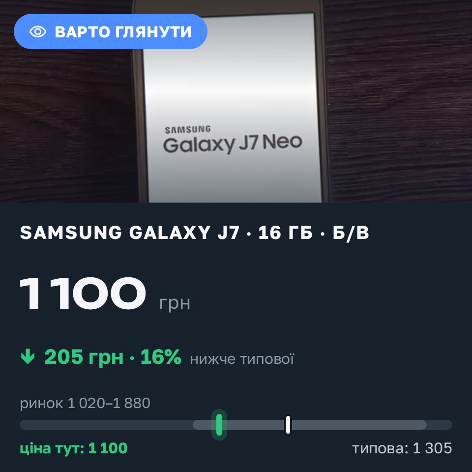 Знахідка Trofey: Galaxy J7 16 ГБ б/у за 1 100 грн — на 205 грн (−16%) нижче ринку. Кримне, 30.08 15:28.