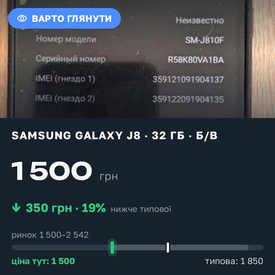Знахідка Trofey: Galaxy J8 32 ГБ б/у за 1 500 грн — на 350 грн (−19%) нижче ринку. Дніпро, 30.08 18:52.