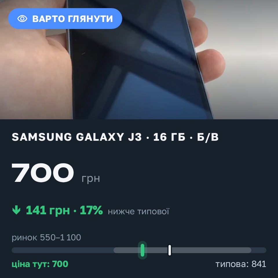 Знахідка Trofey: Galaxy J3 16 ГБ б/у за 700 грн — на 141 грн (−17%) нижче ринку. Одеса, 31.08 11:41.