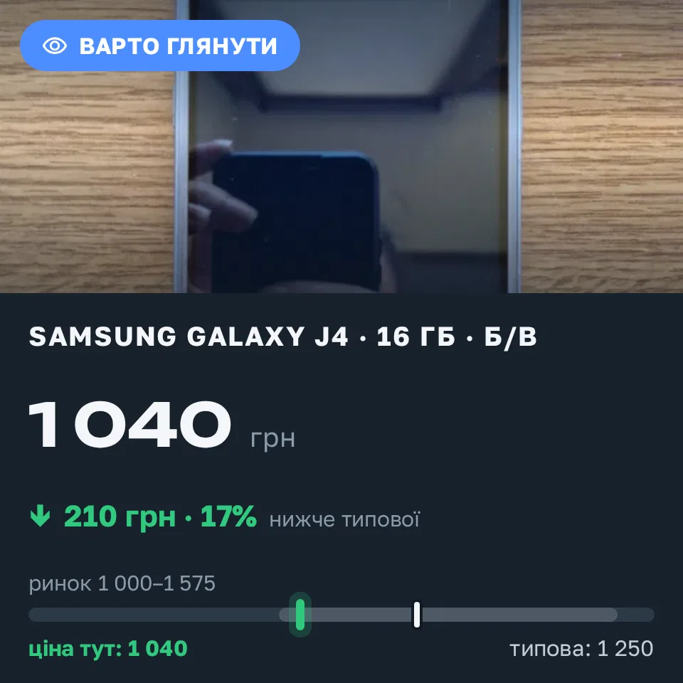Знахідка Trofey: Galaxy J4 16 ГБ б/у за 1 040 грн — на 210 грн (−17%) нижче ринку. Кривий Ріг, 31.08 15:03.