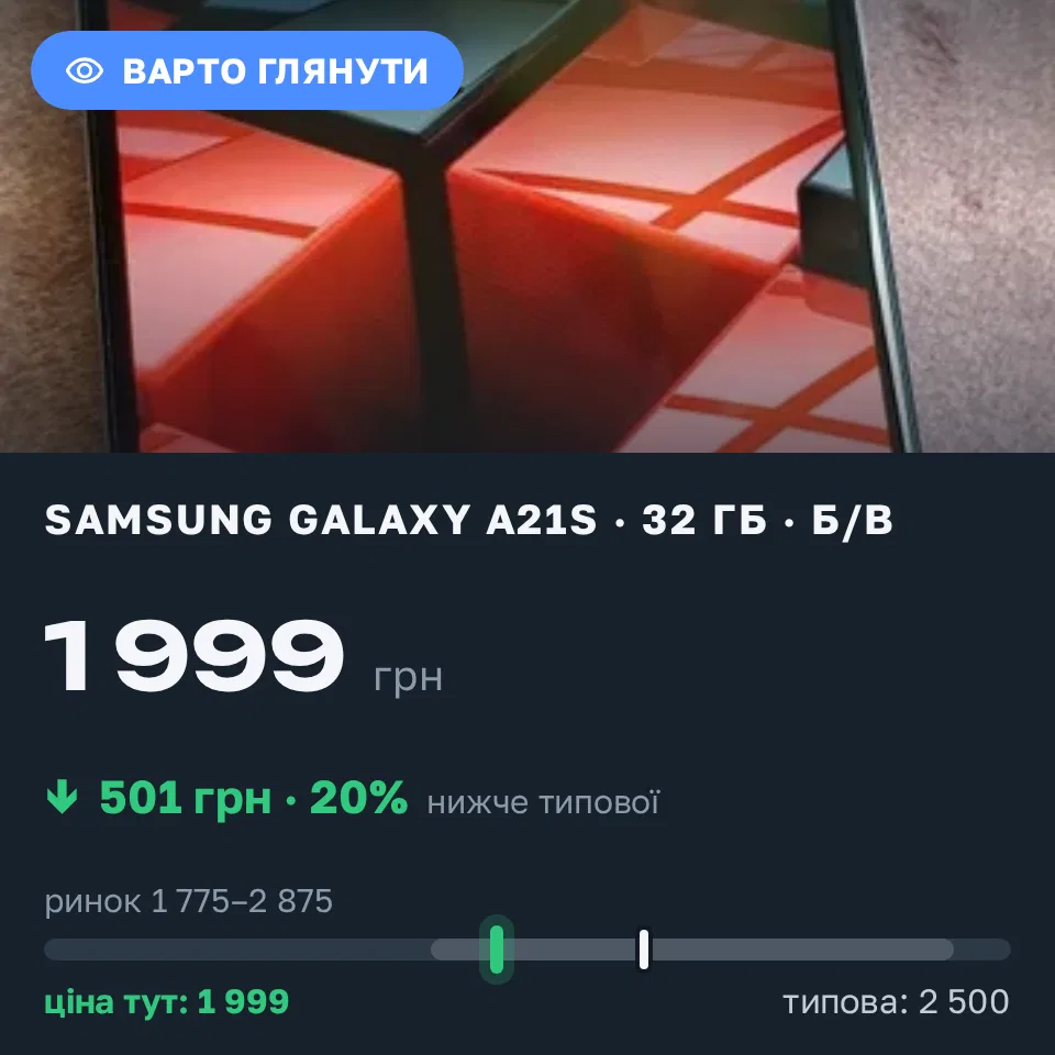 Знахідка Trofey: Galaxy S7 32 ГБ б/у за 1 999 грн — на 501 грн (−20%) нижче ринку. Лісові Гринівці, 01.09 13:39.