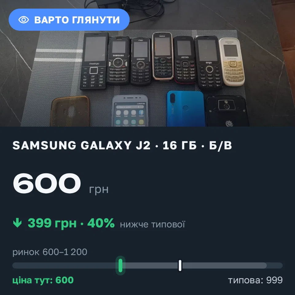 Знахідка Trofey: Galaxy J2 16 ГБ б/у за 600 грн — на 399 грн (−40%) нижче ринку. Первомайськ, 01.09 18:09.
