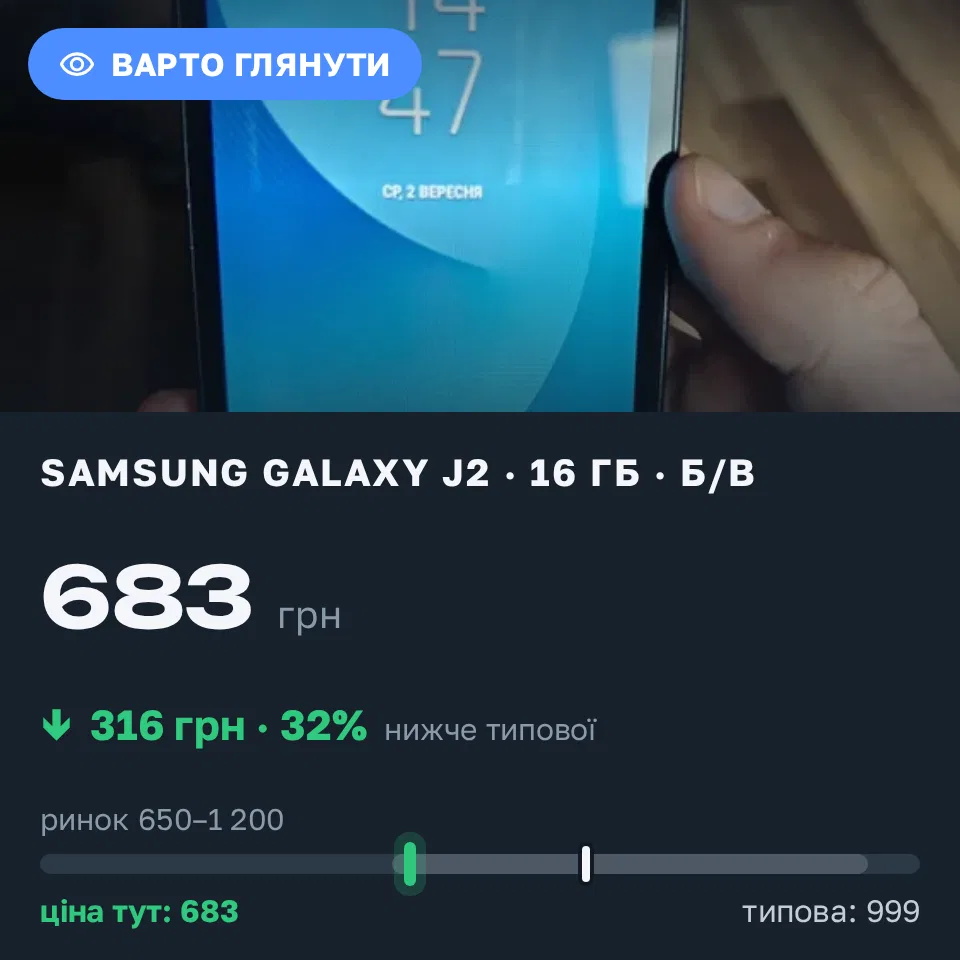 Знахідка Trofey: Galaxy J2 16 ГБ б/у за 683 грн — на 316 грн (−32%) нижче ринку. Агрономічне, 02.09 16:14.