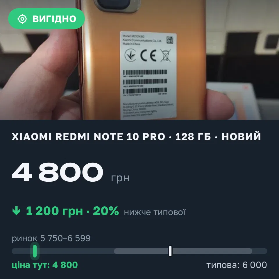 Знахідка Trofey: Redmi Note 10 Pro 128 ГБ нові за 4 800 грн — на 1 200 грн (−20%) нижче ринку. Кам’янське, 02.09 19:25.
