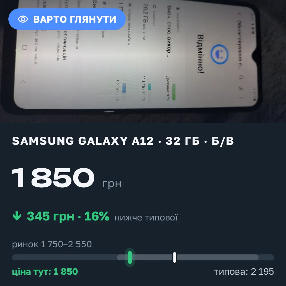 Знахідка Trofey: Galaxy A12 32 ГБ б/у за 1 850 грн — на 345 грн (−16%) нижче ринку. Кривий Ріг, 02.09 20:22.
