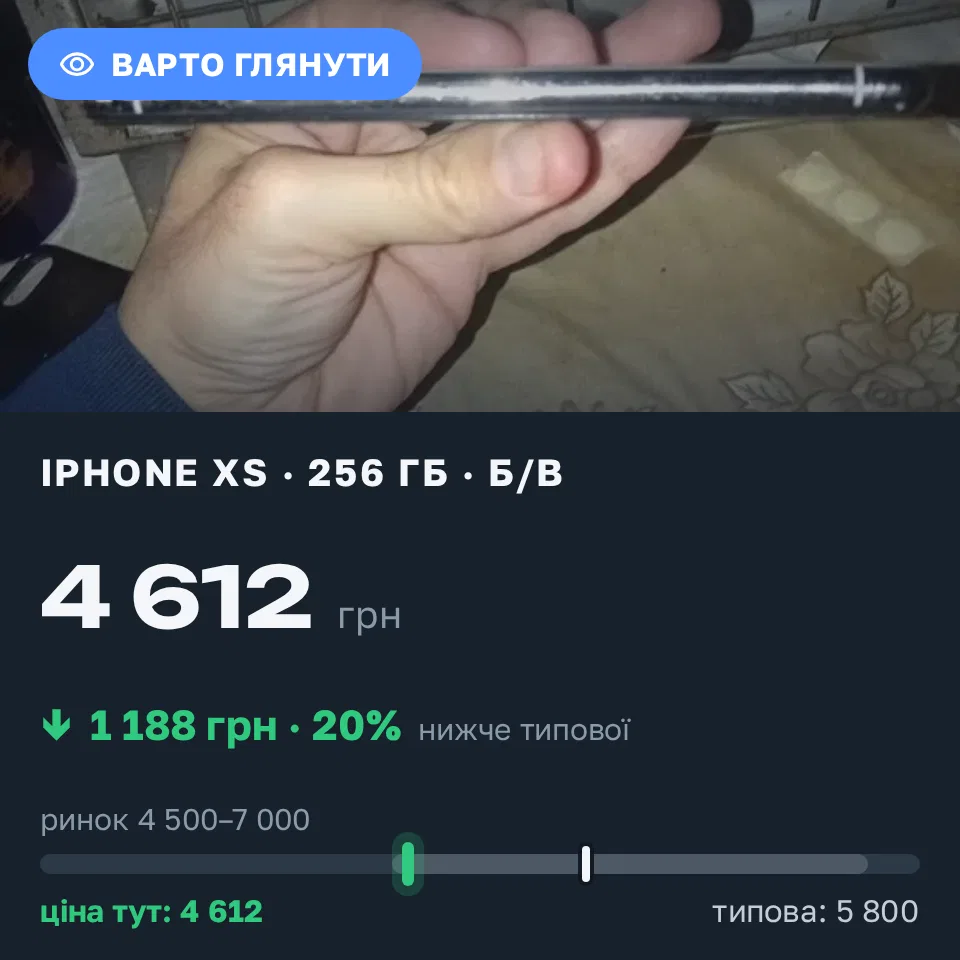 Знахідка Trofey: iPhone XS 256 ГБ б/у за 4 612 грн — на 1 188 грн (−21%) нижче ринку. Дніпро, 04.09 04:06.