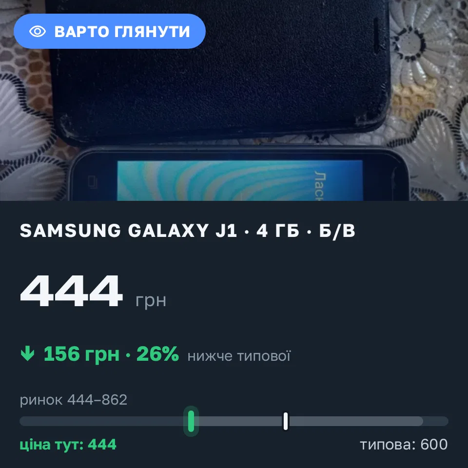 Знахідка Trofey: Galaxy J1 4 ГБ б/у за 444 грн — на 156 грн (−26%) нижче ринку. Теплівка, 04.09 15:29.