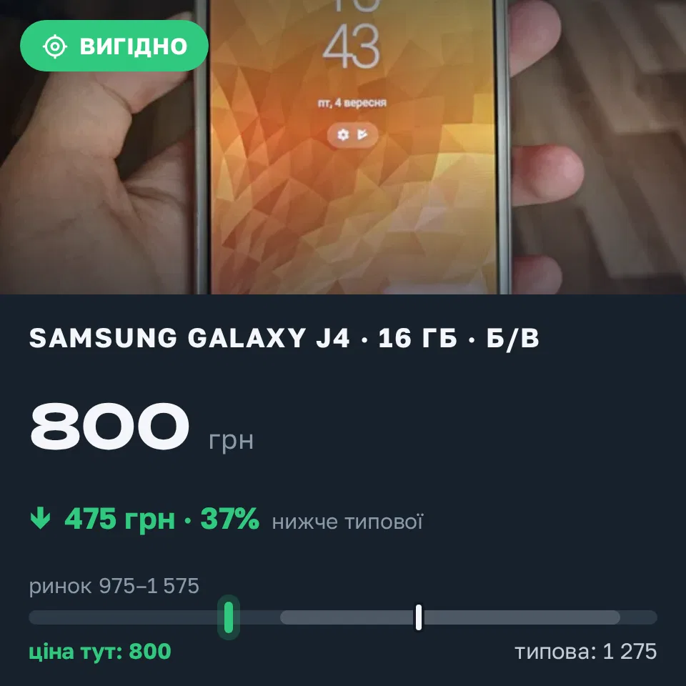 Знахідка Trofey: Galaxy J4 16 ГБ б/у за 800 грн — на 475 грн (−37%) нижче ринку. Агрономічне, 04.09 16:29.