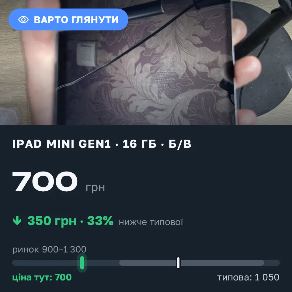 Знахідка Trofey: iPad mini (1st generation) 16 ГБ б/у за 700 грн — на 350 грн (−33%) нижче ринку. Бровари, 06.09 18:23.