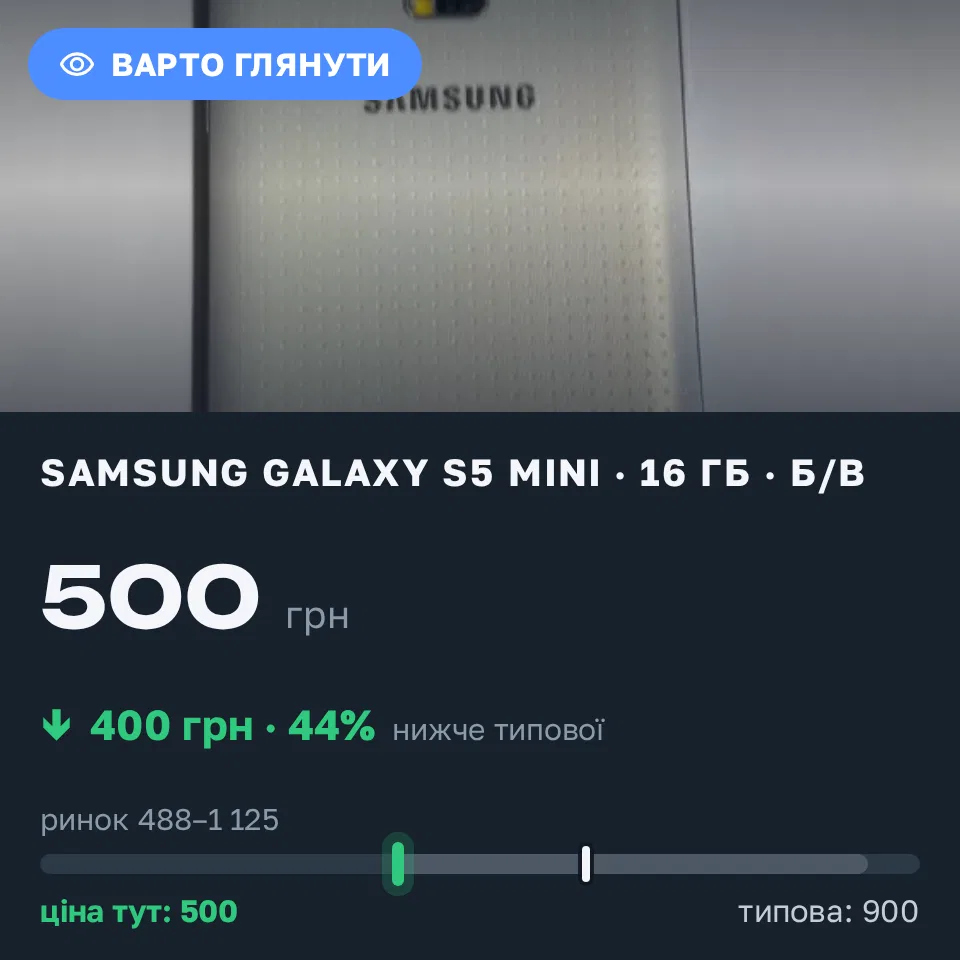 Знахідка Trofey: Galaxy S5 mini 16 ГБ б/у за 500 грн — на 400 грн (−44%) нижче ринку. Харків, 06.09 21:20.
