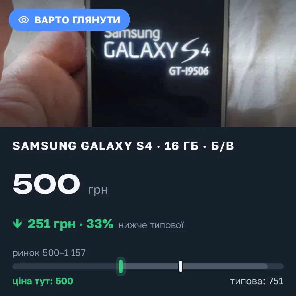 Знахідка Trofey: Galaxy S4 16 ГБ б/у за 500 грн — на 251 грн (−33%) нижче ринку. Київ, 07.09 17:48.