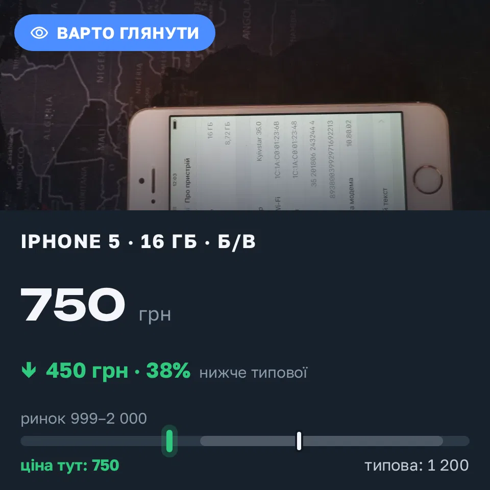 Знахідка Trofey: iPhone 5 16 ГБ б/у за 750 грн — на 450 грн (−38%) нижче ринку. Одеса, 08.09 12:22.