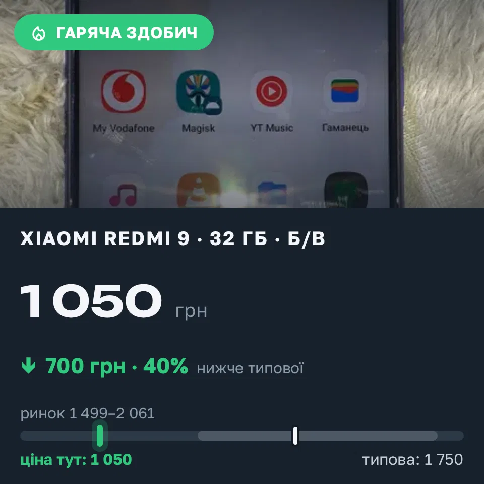 Знахідка Trofey: Redmi 9 32 ГБ б/у за 1 050 грн — на 700 грн (−40%) нижче ринку. Полтава, 09.09 14:58.