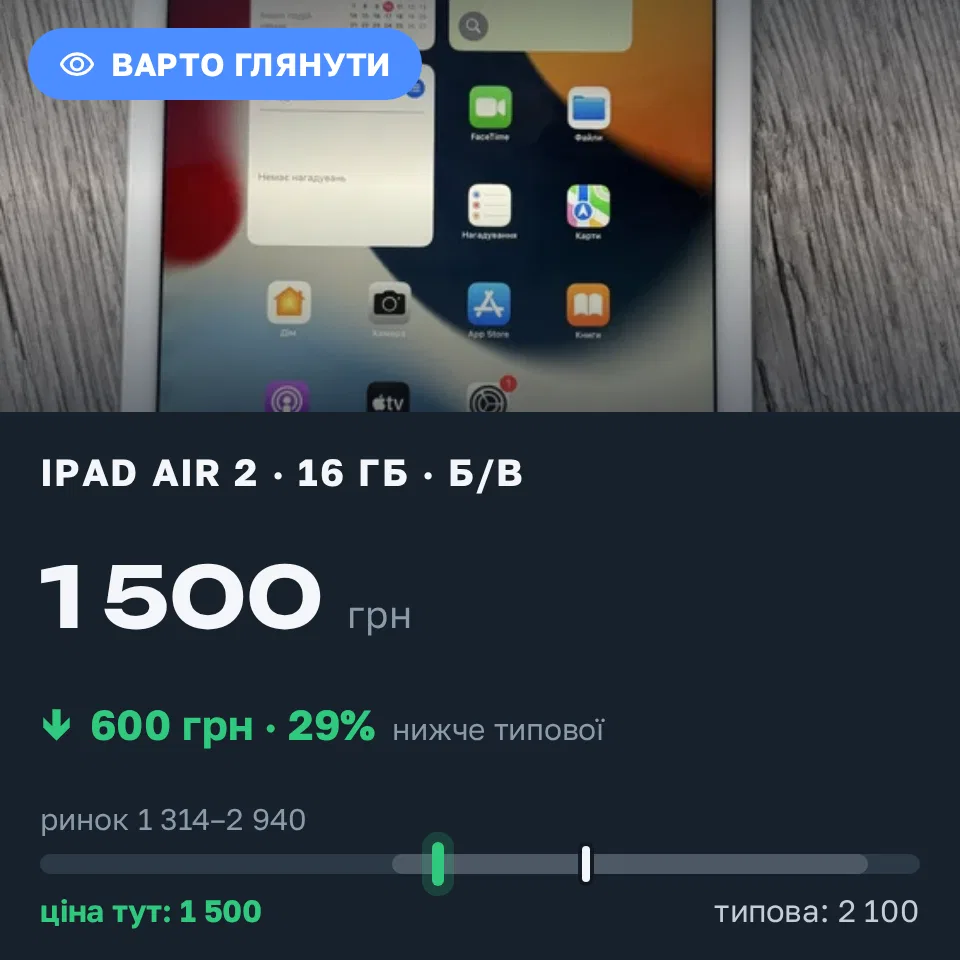 Знахідка Trofey: iPad Air 2 16 ГБ б/у за 1 500 грн — на 600 грн (−29%) нижче ринку. Хмельницький, 10.09 12:29.
