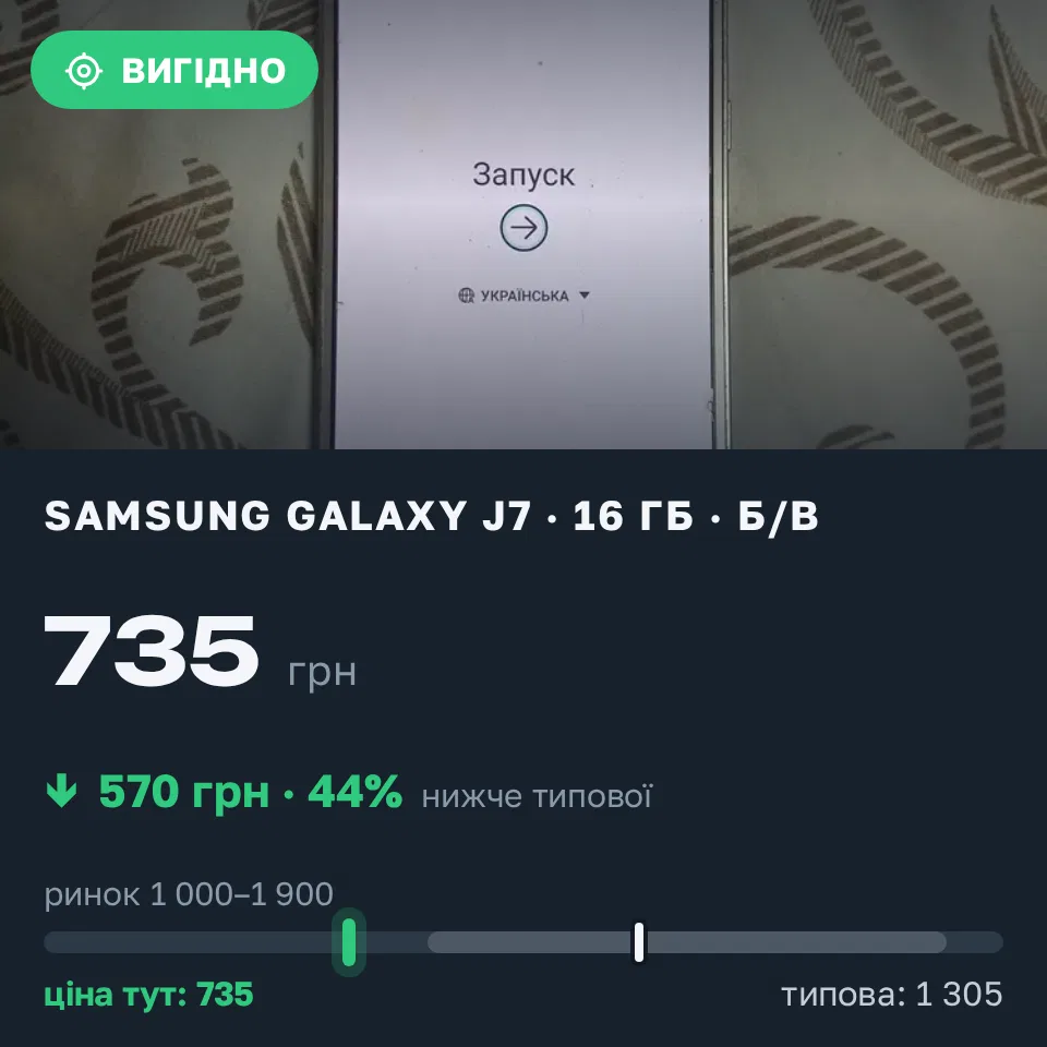 Знахідка Trofey: Galaxy J7 16 ГБ б/у за 735 грн — на 570 грн (−44%) нижче ринку. Запоріжжя, 10.09 13:20.