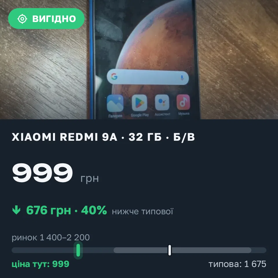 Знахідка Trofey: Redmi 9a 32 ГБ б/у за 999 грн — на 676 грн (−40%) нижче ринку. Одеса, 11.09 11:32.