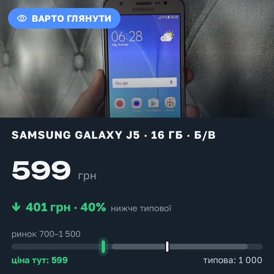 Знахідка Trofey: Galaxy J5 16 ГБ б/у за 599 грн — на 401 грн (−40%) нижче ринку. Харків, 12.09 11:07.