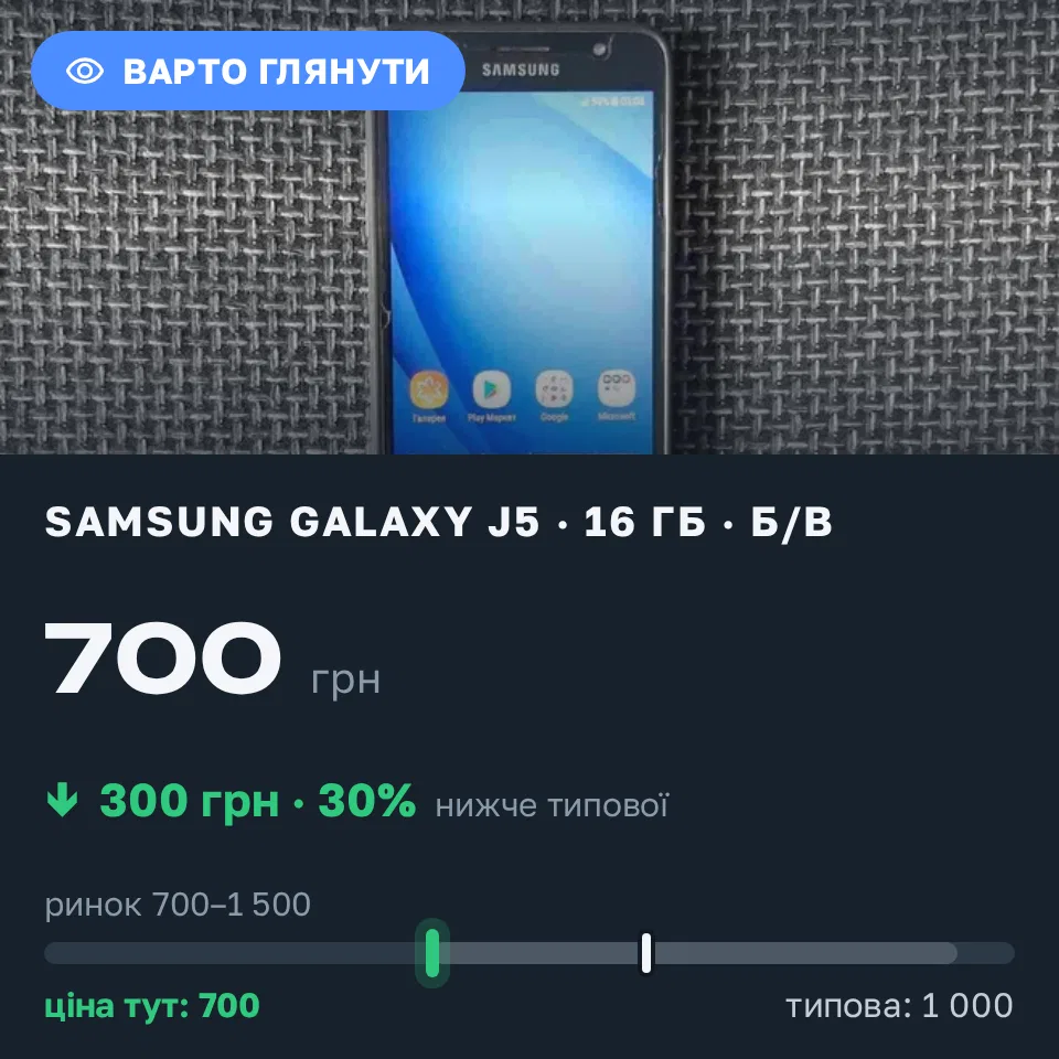 Знахідка Trofey: Galaxy J5 16 ГБ б/у за 700 грн — на 300 грн (−30%) нижче ринку. Кобеляки, 12.09 13:43.