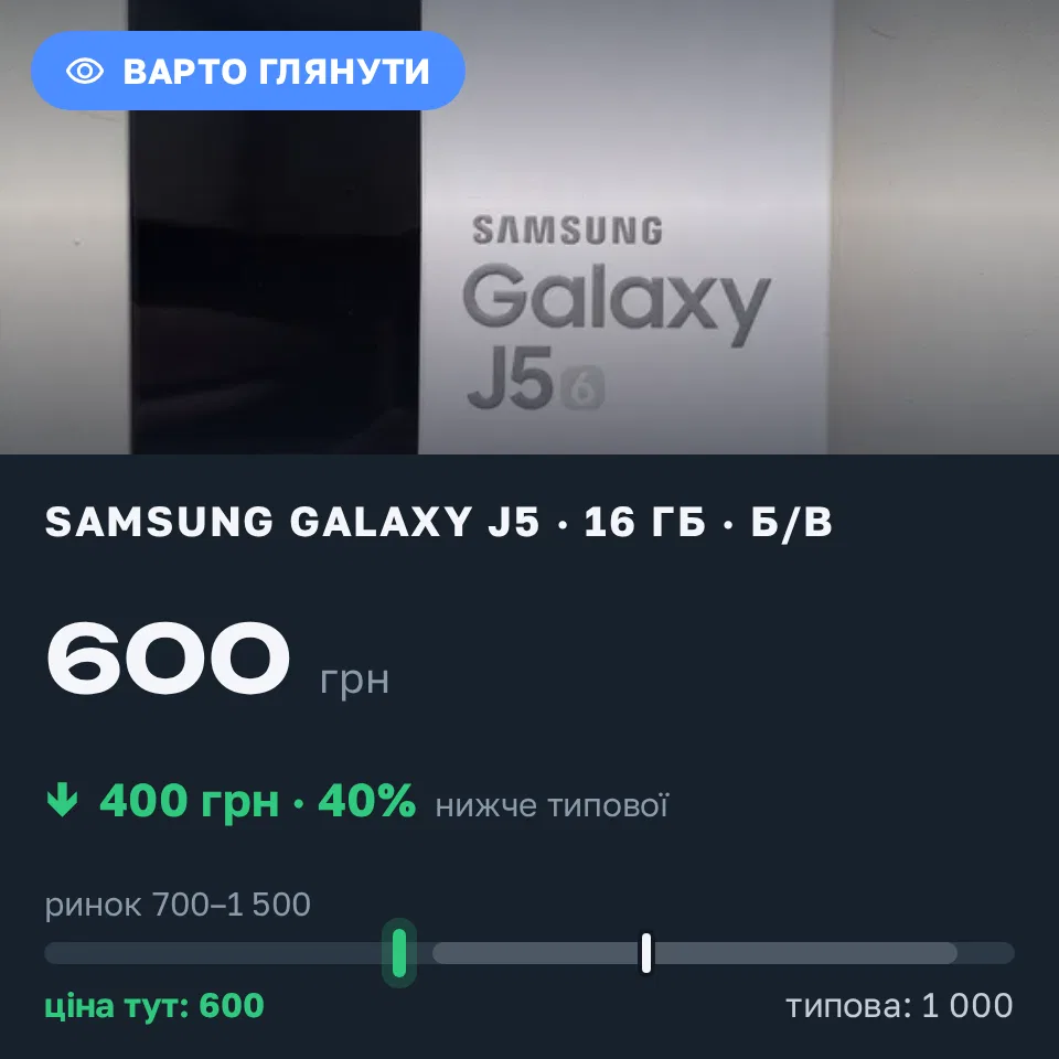 Знахідка Trofey: Galaxy J5 16 ГБ б/у за 600 грн — на 400 грн (−40%) нижче ринку. Київ, 12.09 14:01.