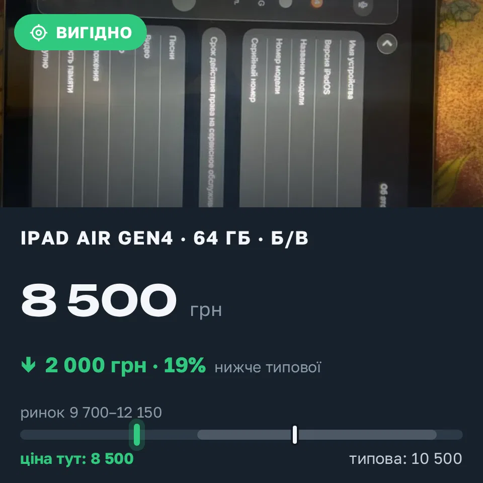 Знахідка Trofey: iPad Air (4th generation) 64 ГБ б/у за 8 500 грн — на 2 000 грн (−19%) нижче ринку. Київ, 14.09 09:36.