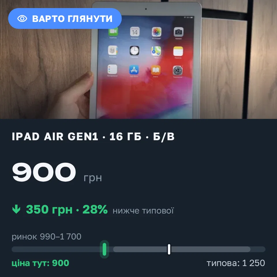 Знахідка Trofey: iPad Air (1st generation) 16 ГБ б/у за 900 грн — на 350 грн (−28%) нижче ринку. Київ, 14.09 13:14.
