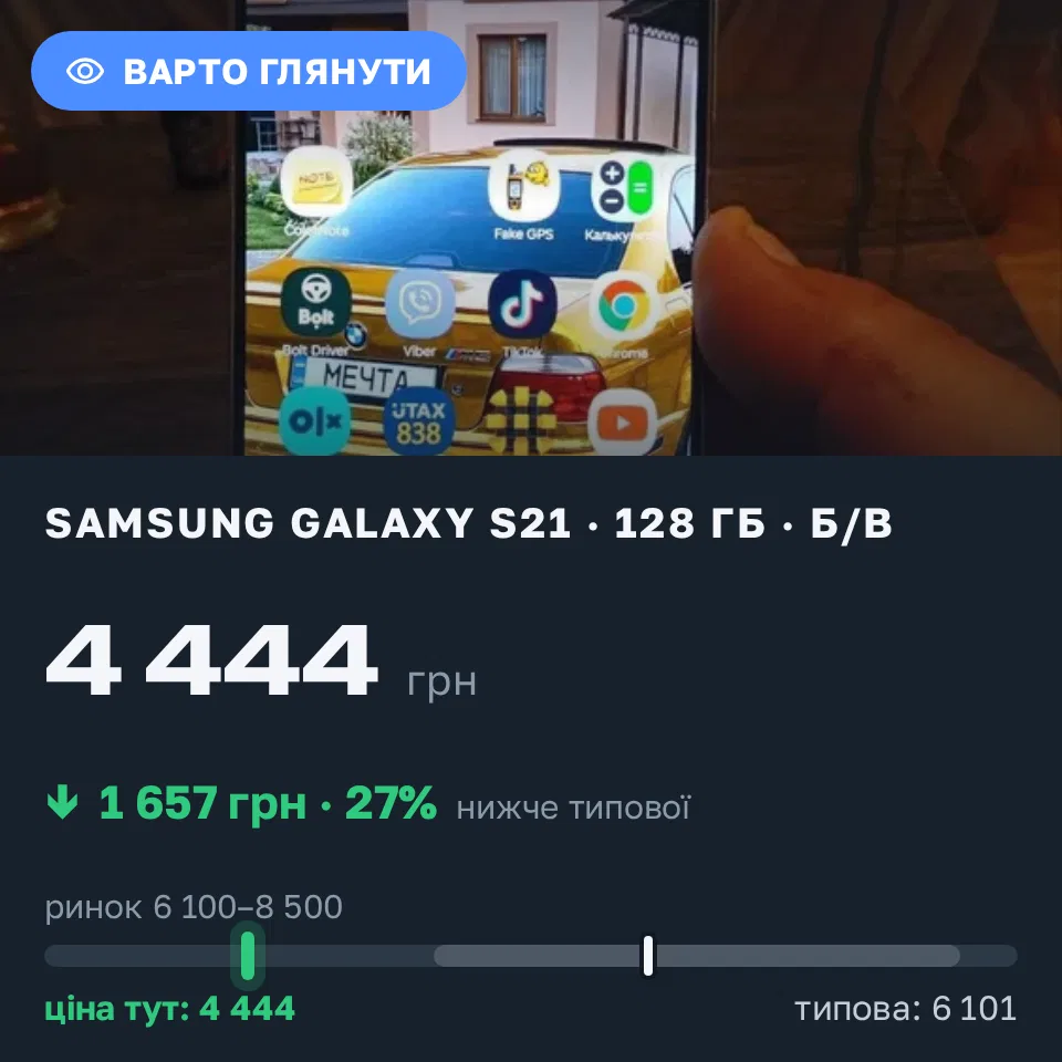 Знахідка Trofey: Galaxy S21 128 ГБ б/у за 4 444 грн — на 2 556 грн (−27%) нижче ринку. Одеса, 14.09 22:02.