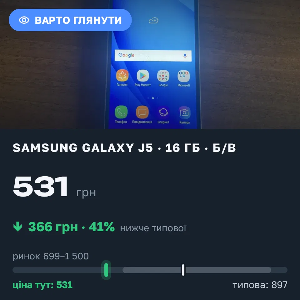 Знахідка Trofey: Galaxy J5 16 ГБ б/у за 531 грн — на 469 грн (−41%) нижче ринку. Дніпро, 15.09 19:06.