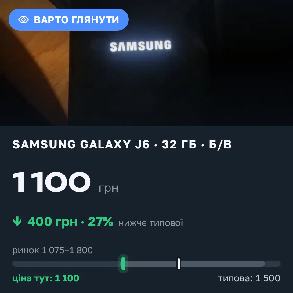 Знахідка Trofey: Galaxy J6 32 ГБ б/у за 1 100 грн — на 400 грн (−27%) нижче ринку. Возсіятське, 16.09 17:43.