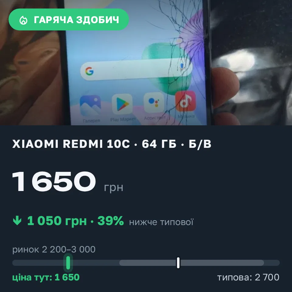Знахідка Trofey: Redmi 10c 64 ГБ б/у за 1 650 грн — на 1 050 грн (−39%) нижче ринку. Кропивницький, 17.09 16:04.
