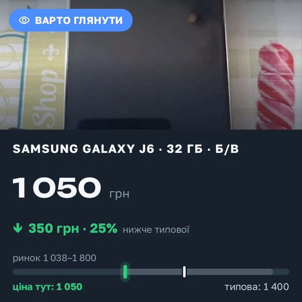Знахідка Trofey: Galaxy J6 32 ГБ б/у за 1 050 грн — на 350 грн (−25%) нижче ринку. Суми, 17.09 21:32.