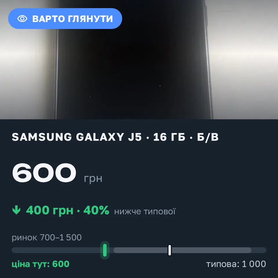 Знахідка Trofey: Galaxy J5 16 ГБ б/у за 600 грн — на 400 грн (−40%) нижче ринку. Київ, 18.09 14:14.