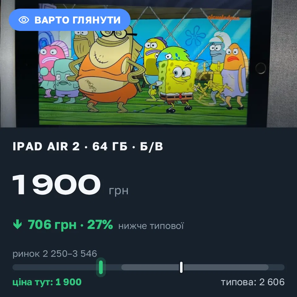 Знахідка Trofey: iPad Air 2 64 ГБ б/у за 1 900 грн — на 950 грн (−27%) нижче ринку. Київ, 18.09 16:24.