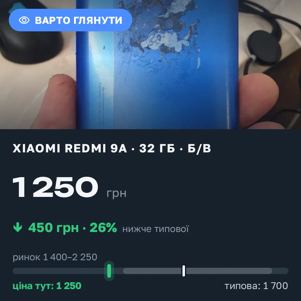 Знахідка Trofey: Redmi 9a 32 ГБ б/у за 1 250 грн — на 450 грн (−27%) нижче ринку. Охтирка, 18.09 23:01.