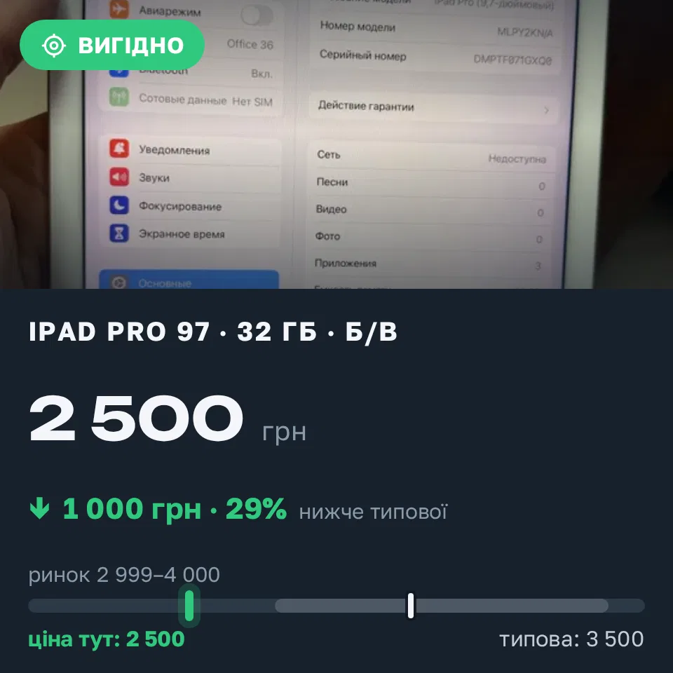 Знахідка Trofey: iPad Pro (9.7-inch) 32 ГБ б/у за 2 500 грн — на 1 000 грн (−29%) нижче ринку. Хмельницький, 19.09 13:13.