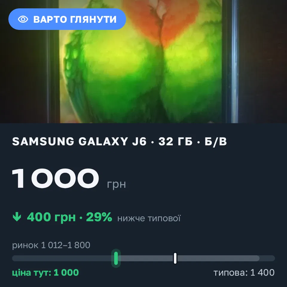 Знахідка Trofey: Galaxy J6 32 ГБ б/у за 1 000 грн — на 400 грн (−29%) нижче ринку. Барвінкове, 19.09 16:23.