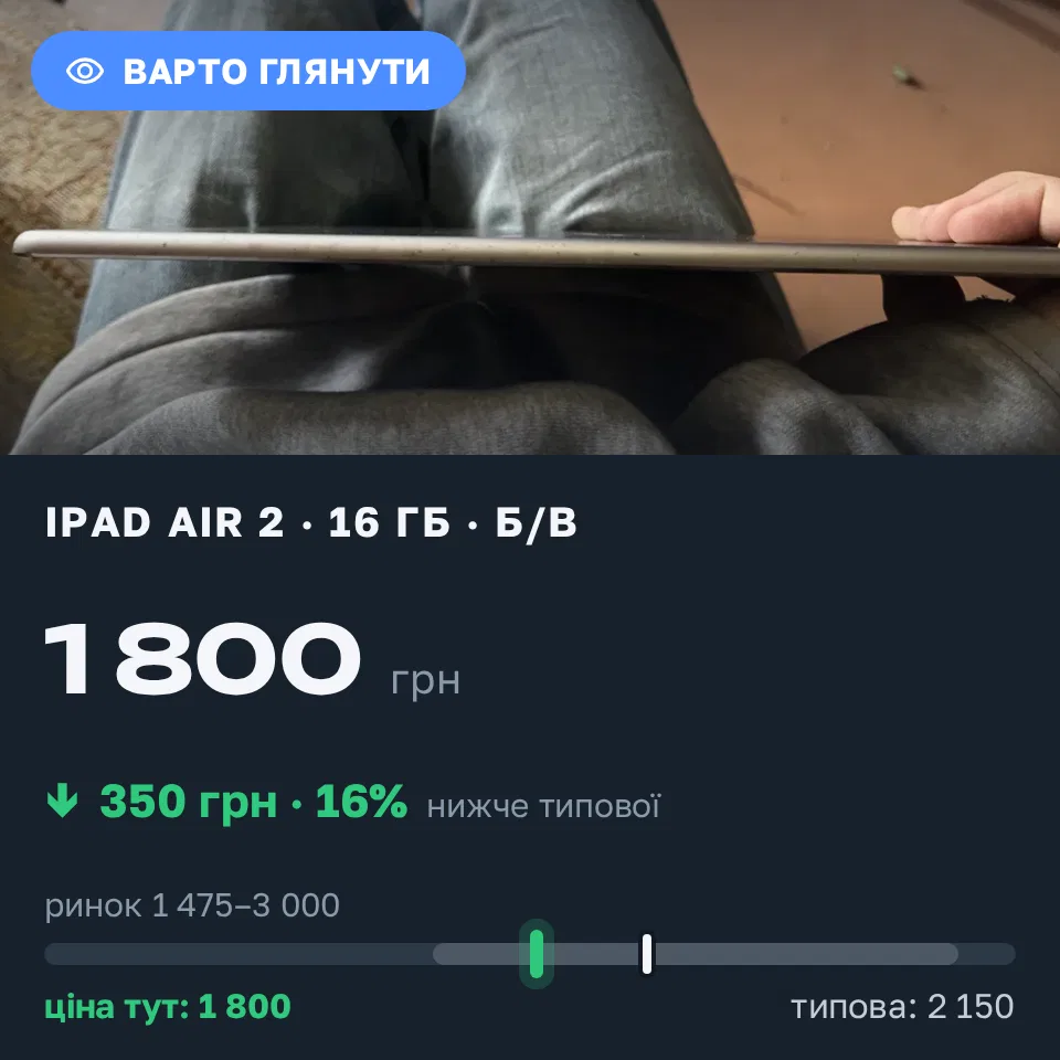 Знахідка Trofey: iPad Air 2 16 ГБ б/у за 1 800 грн — на 350 грн (−16%) нижче ринку. Вашківці, 21.09 12:37.
