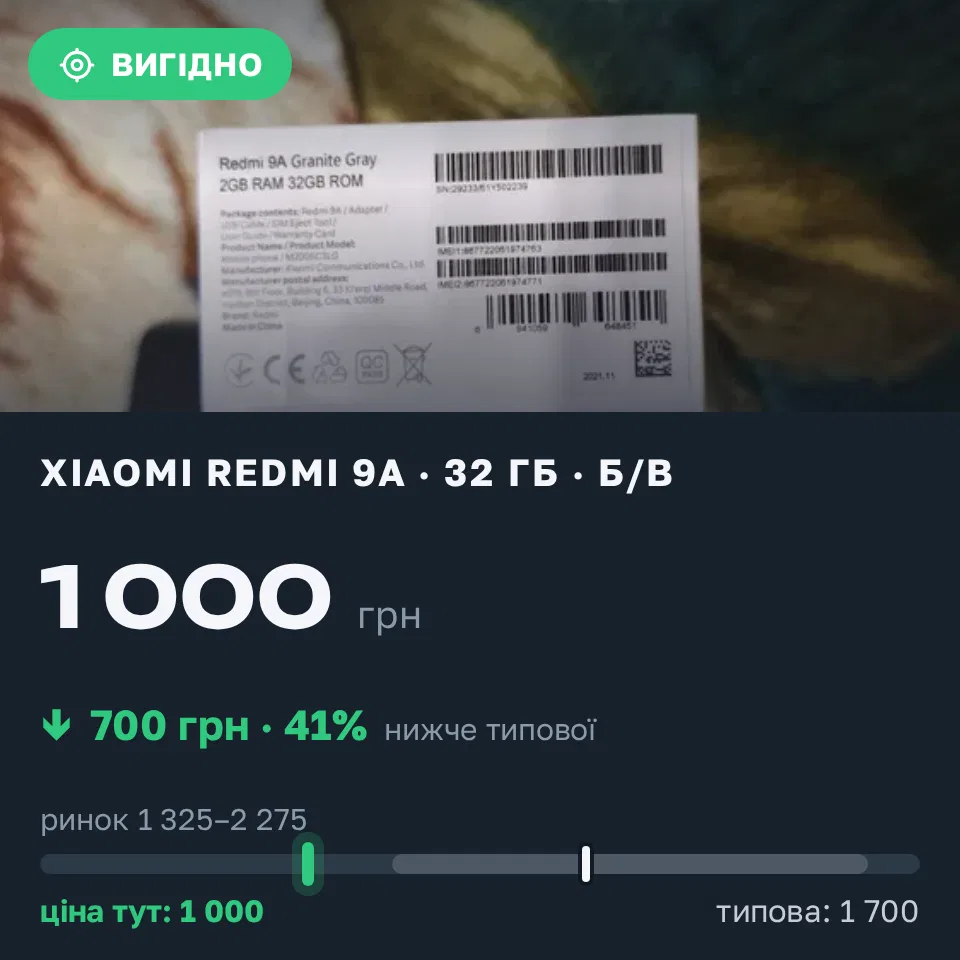 Знахідка Trofey: Redmi 9a 32 ГБ б/у за 1 000 грн — на 700 грн (−41%) нижче ринку. Шостка, 21.09 12:53.