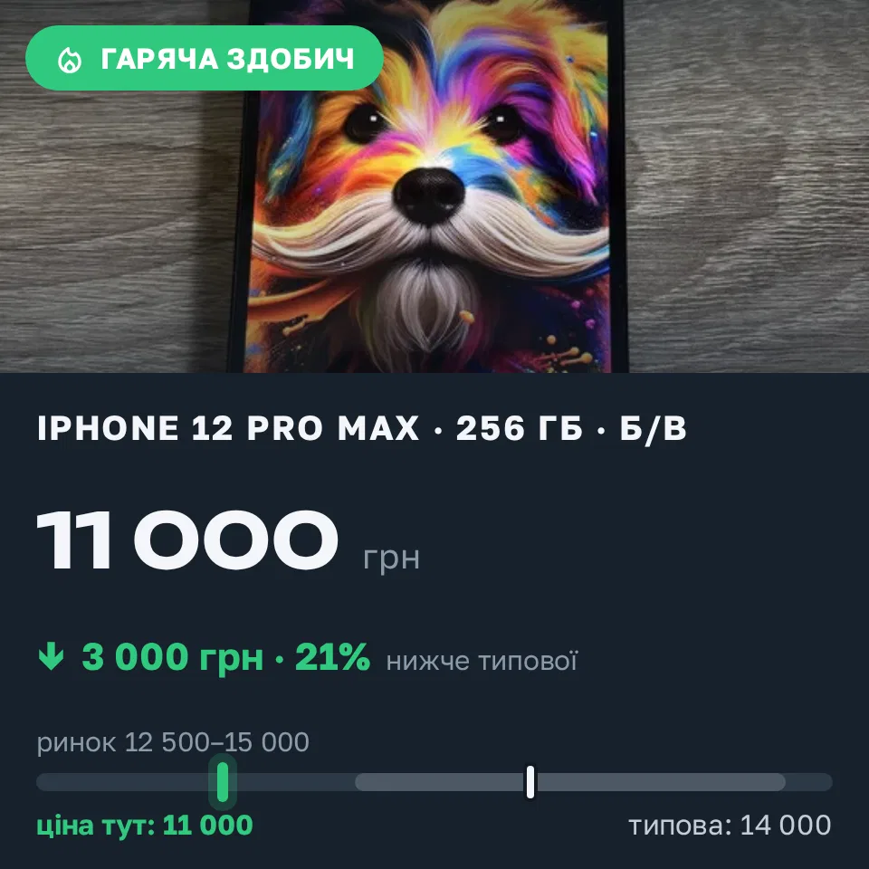 Знахідка Trofey: iPhone 12 Pro Max 256 ГБ б/у за 11 000 грн — на 3 000 грн (−21%) нижче ринку. Запоріжжя, 21.09 13:08.