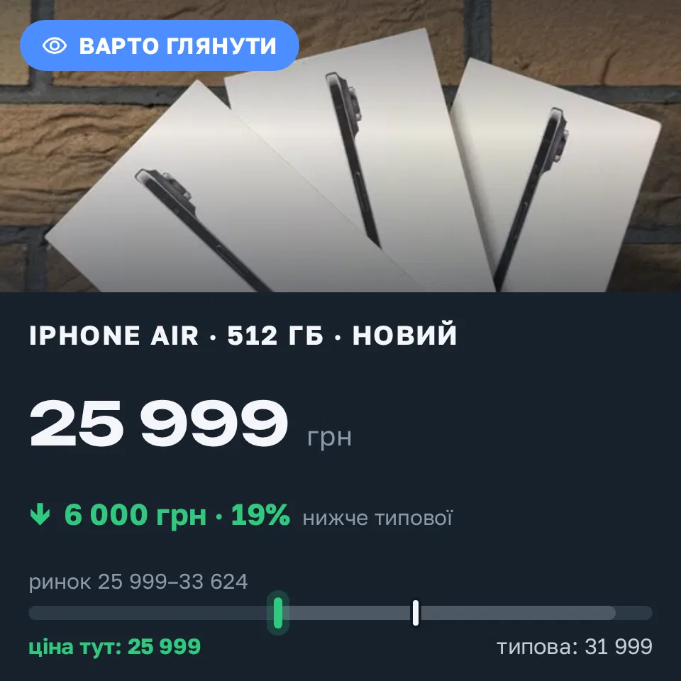 Знахідка Trofey: iPhone Air 512 ГБ нові за 25 999 грн — на 6 000 грн (−19%) нижче ринку. Львів, 24.09 17:14.