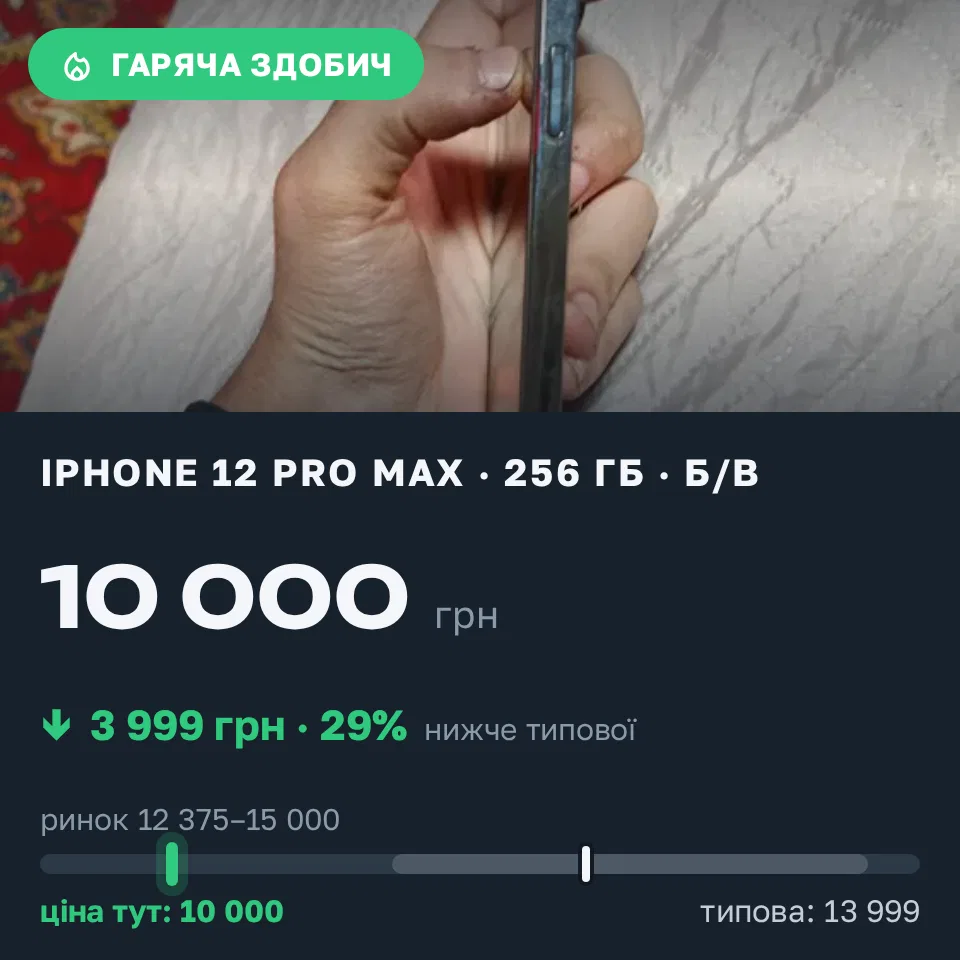 Знахідка Trofey: iPhone 12 Pro Max 256 ГБ б/у за 10 000 грн — на 3 999 грн (−29%) нижче ринку. Рівне, 10.10 18:22.