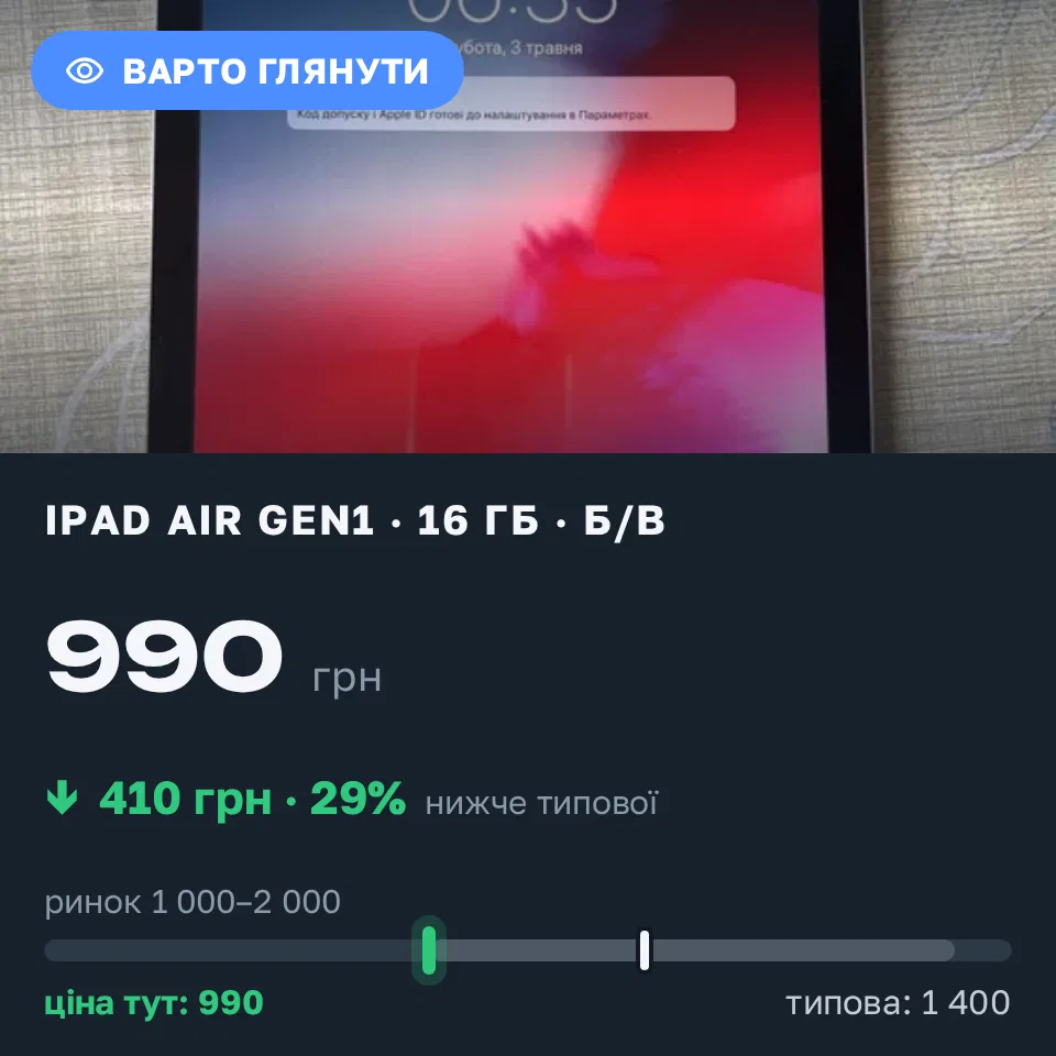 Знахідка Trofey: iPad Air (1st generation) 16 ГБ б/у за 990 грн — на 410 грн (−29%) нижче ринку. Київ, 10.10 22:20.