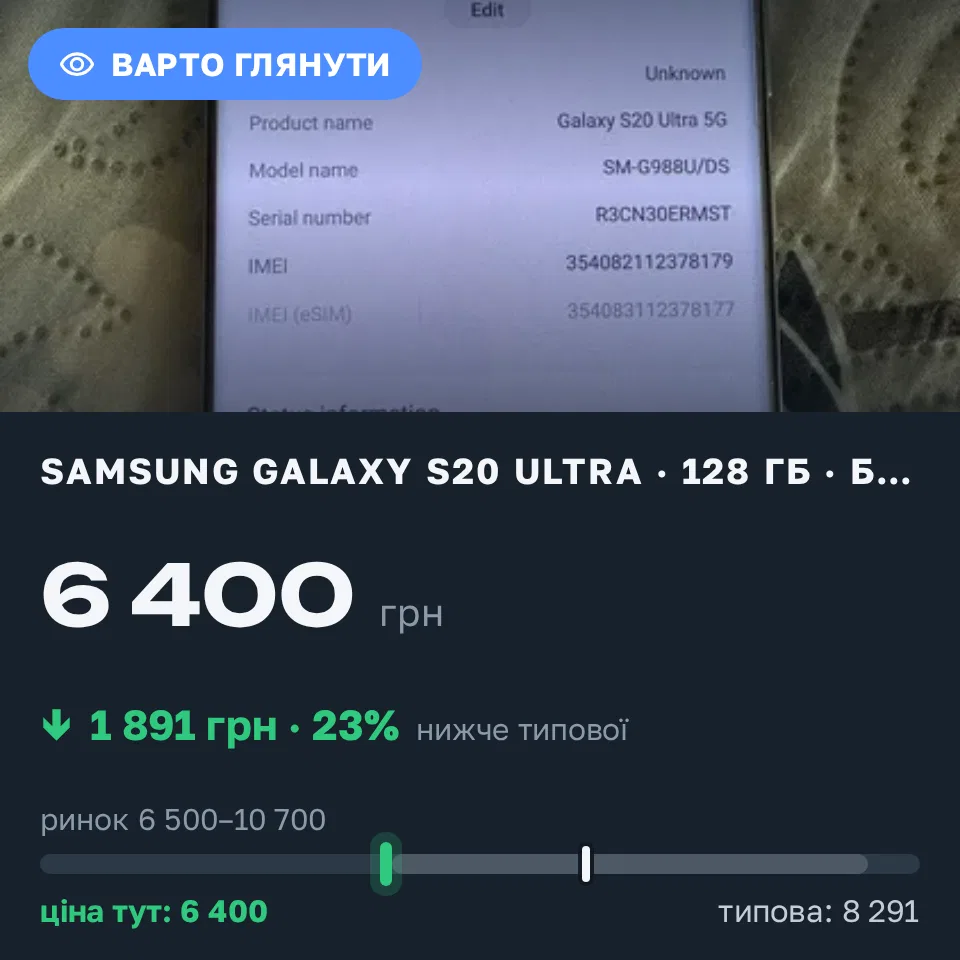 Знахідка Trofey: Galaxy S20 Ultra 128 ГБ б/у за 6 400 грн — на 2 250 грн (−23%) нижче ринку. Вараш, 11.10 20:20.