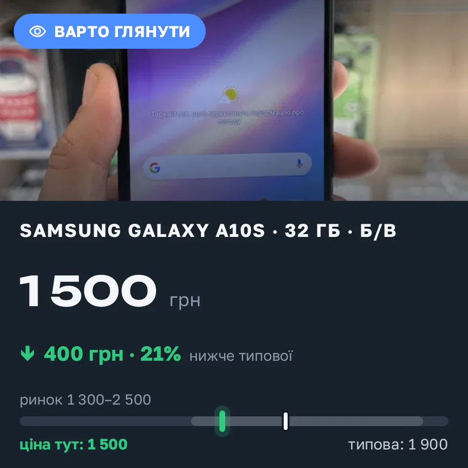 Знахідка Trofey: Galaxy A10s 32 ГБ б/у за 1 500 грн — на 400 грн (−21%) нижче ринку. Львів, 12.10 13:03.