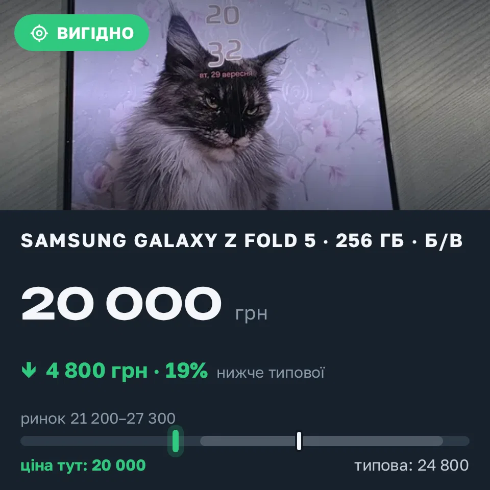 Знахідка Trofey: Galaxy Z Fold 5 256 ГБ б/у за 20 000 грн — на 4 800 грн (−19%) нижче ринку. Карнаухівка, 12.10 18:14.