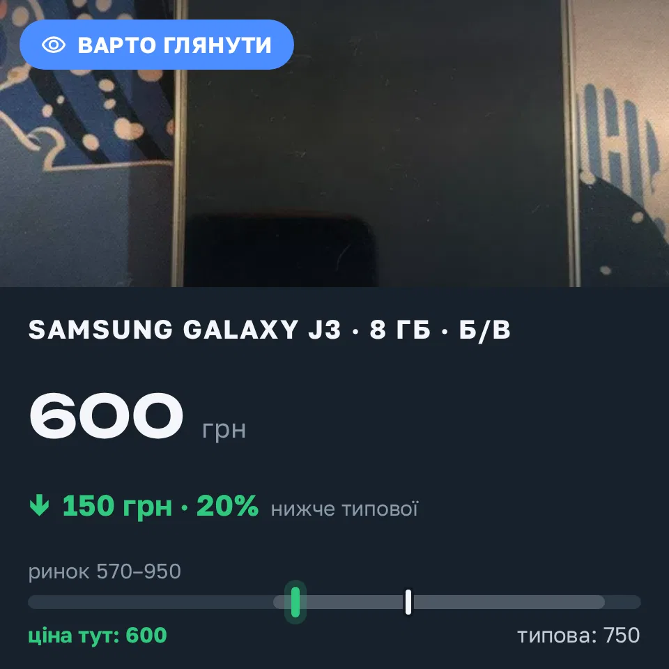 Знахідка Trofey: Galaxy J3 8 ГБ б/у за 600 грн — на 150 грн (−20%) нижче ринку. Лозова, 14.10 19:44.